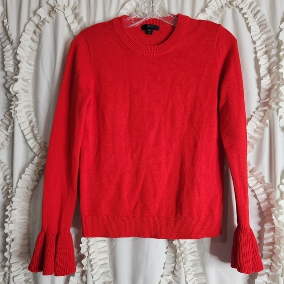 J.Crew Sweater Red Ruffle Cuffs Crew Neck Ribbed Trim sz XXS - Picture 2 of 7